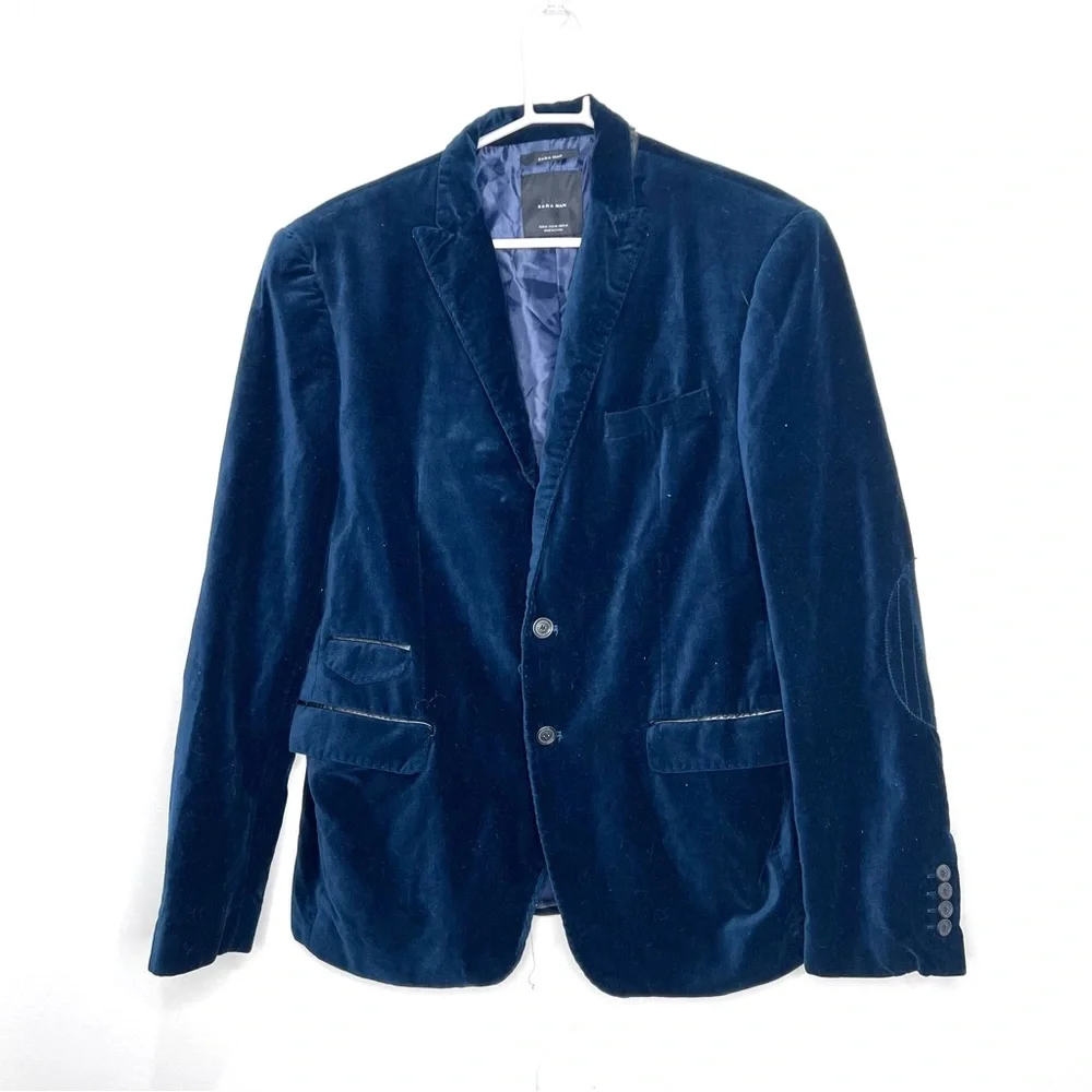 Zara Man Dark Blue Teal Single Breasted Velvet Blazer Elbow Patch size 46